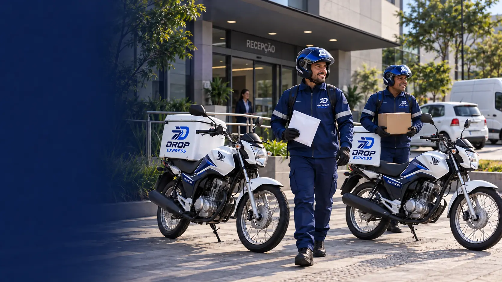 Dois motoboys uniformizados da DROP EXPRESS com motos Honda e baús identificados no Grande ABC