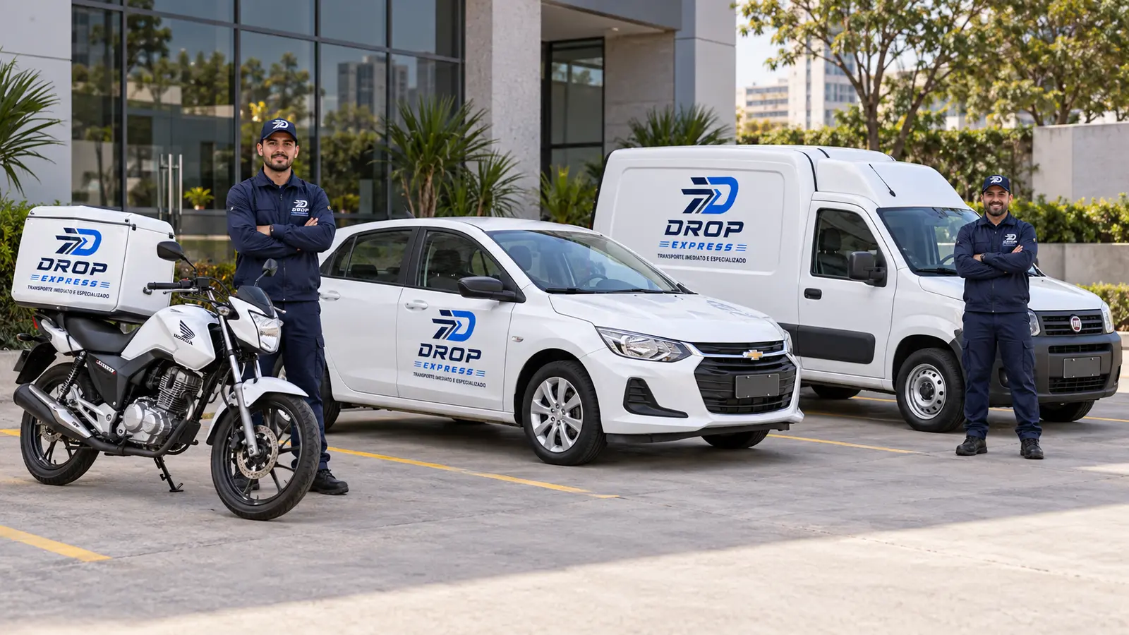 Frota DROP EXPRESS com moto, carro de carga e Fiorino