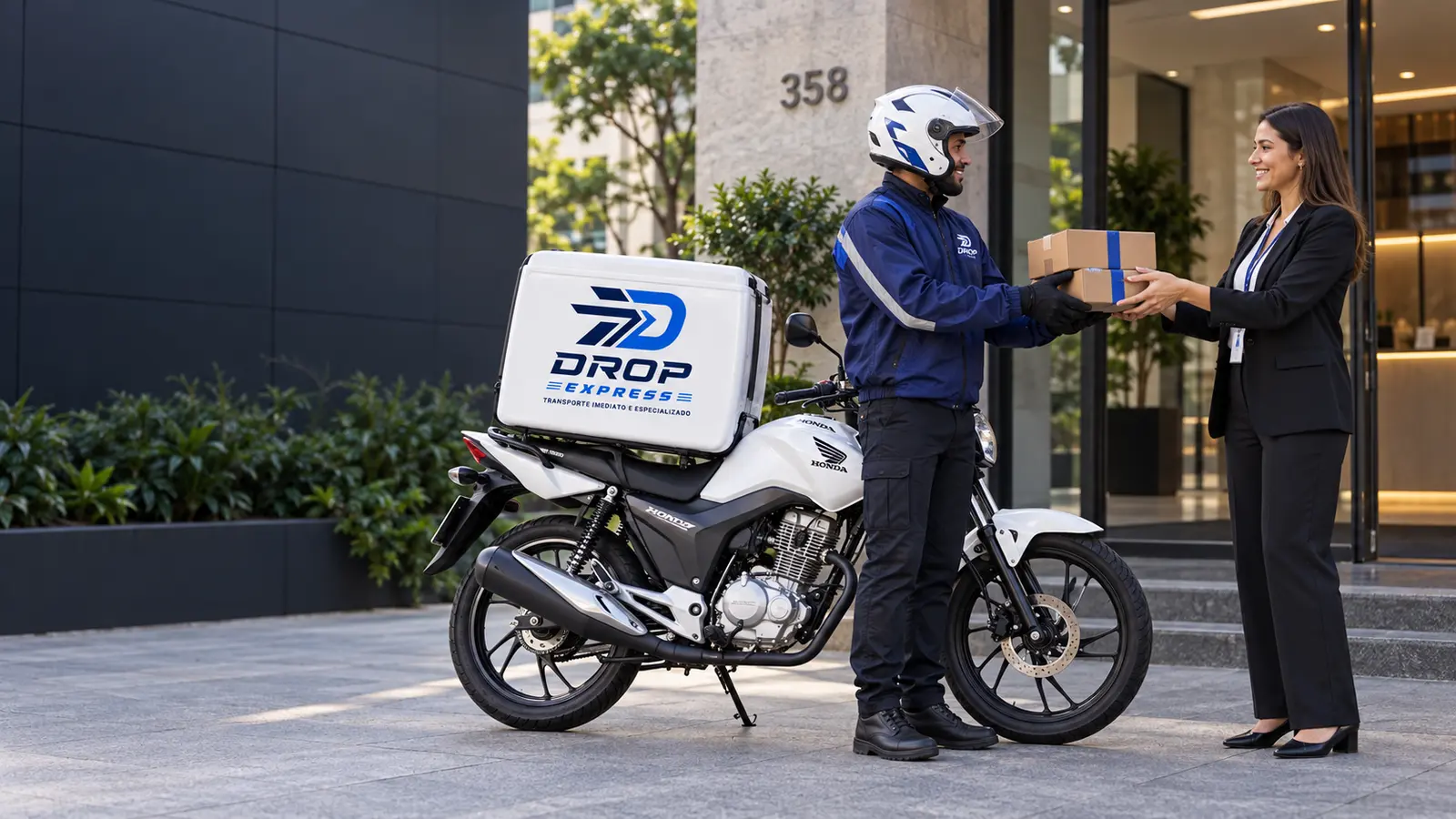Motoboy entregando documento e pequena caixa durante atendimento corporativo